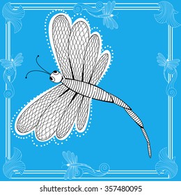 dragonfly on blue background with borders and frames