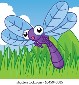 Dragonfly is on the grass, Cute vector