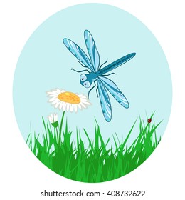 Dragonfly on green grass with flowers and ladybug