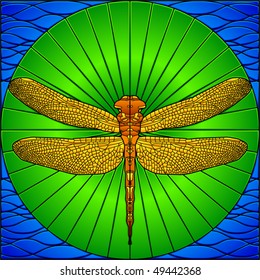 Dragonfly On Lily Pad In Stained Glass Style