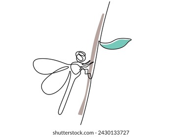 Dragonfly on twigs in continuous one line art drawing. Floral and fauna vector illustration editable stroke.