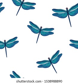 Dragonfly on white background. Vector seamless pattern for textile design, wallpaper, wrapping paper and banner.