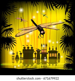 Dragonfly on a yellow background. Palms and the city. Sunrise. Vector illustration for your design