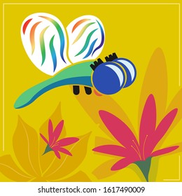 Dragonfly on a yellow background wants to sit on a flower