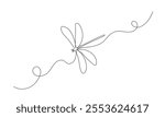 Dragonfly one continuous line illustration. Hand drawn doodle sketch of insect on white background