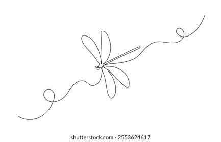 Dragonfly one continuous line illustration. Hand drawn doodle sketch of insect on white background