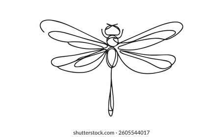 Dragonfly one continuous line illustration. Hand drawn doodle sketch of insect on white background