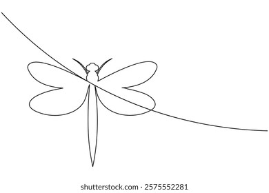 Dragonfly one line art drawing and insect minimalist style isolate outline vector illustration