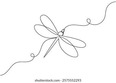 Dragonfly one line art drawing and insect minimalist style isolate outline vector illustration