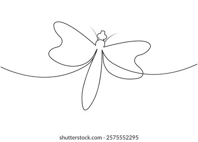 Dragonfly one line art drawing and insect minimalist style isolate outline vector illustration