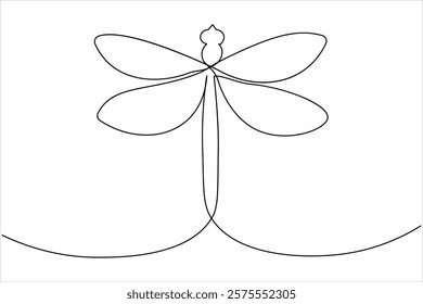 Dragonfly one line art drawing and insect minimalist style isolate outline vector illustration