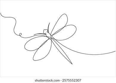 Dragonfly one line art drawing and insect minimalist style isolate outline vector illustration