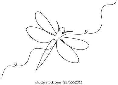 Dragonfly one line art drawing and insect minimalist style isolate outline vector illustration