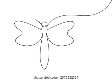 Dragonfly one line art drawing and insect minimalist style isolate outline vector illustration