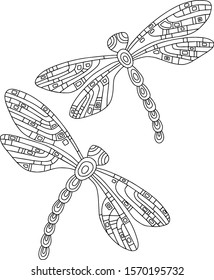 Dragonfly. Ornamental, line art, isolated on white background. Hand drawn illustration