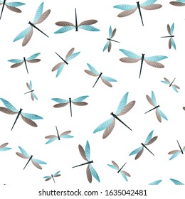 Dragonfly ornamental seamless pattern. Repeating dress textile print with flying adder insects. Flying water dragonfly vector background. Wildlife organisms seamless. Damselflies with wings.