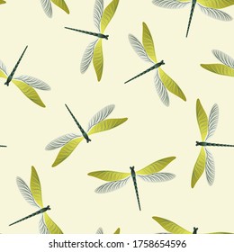 Dragonfly ornamental seamless pattern. Repeating dress fabric print with flying adder insects. Close up water dragonfly vector wallpaper. Wildlife beings seamless. Damselfly silhouettes.