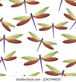 Dragonfly ornamental seamless pattern. Repeating dress textile print with flying adder insects. Garden water dragonfly vector background. Wildlife organisms seamless. Damselfly silhouettes.