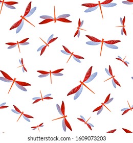 Dragonfly ornamental seamless pattern. Spring clothes textile print with darning-needle insects. Close up water dragonfly vector ornament. Wildlife organisms seamless. Damselfly butterflies.