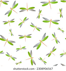 Dragonfly ornamental seamless pattern. Spring dress fabric print with damselfly insects. Graphic water dragonfly vector background. Wildlife creatures seamless. Damselflies with wings.