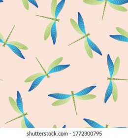 Dragonfly ornamental seamless pattern. Summer clothes textile print with flying adder insects. Graphic water dragonfly vector wallpaper. Nature organisms seamless. Damselfly silhouettes.