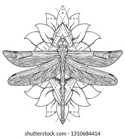 Dragonfly over sacred geometry sign, isolated vector illustration. Tattoo sketch. Mystical symbols and insects. Alchemy, occultism, spirituality, coloring book. Hand-drawn vintage.