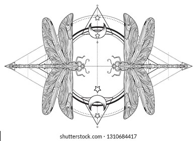 Dragonfly over sacred geometry sign, isolated vector illustration. Tattoo sketch. Mystical symbols and insects. Alchemy, occultism, spirituality, coloring book. Hand-drawn vintage.