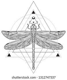 Dragonfly over sacred geometry sign, isolated vector illustration. Tattoo sketch. Mystical symbols and insects. Alchemy, occultism, spirituality, coloring book. Hand-drawn vintage.