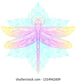 Dragonfly over sacred geometry sign, isolated gradient vector illustration. Tattoo sketch. Mystical symbols and insects. Alchemy, occultism, spirituality, coloring book. Hand-drawn vintage.