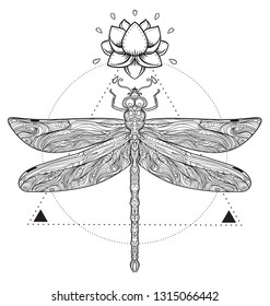 Dragonfly over sacred geometry sign, isolated vector illustration. Tattoo sketch. Mystical symbols and insects. Alchemy, occultism, spirituality, coloring book. Hand-drawn vintage.