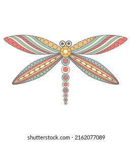 Dragonfly painted with circles and lines isolated vector. Beautiful vintage decoration illustration.Silhouette of winged insect