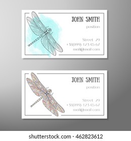 Dragonfly with pattern for business card or flyer. Insect. Stylish line dragonfly bug. Zentangle background on marketing materials. Identity for professionals. For shop, florist, beauty salon. Vector