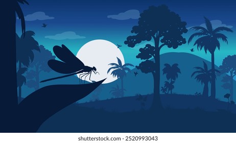 A Dragonfly Perched on a Leaf in a Beautiful Forest in the Morning - Beautiful 2D Landscape Silhouette Wallpaper