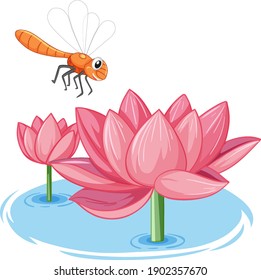 Dragonfly with pink lotus cartoon style on white background illustration