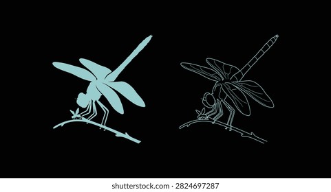 Dragonfly resting on branch silhouette and outline with dragonfly, wildlife