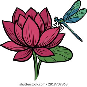Dragonfly resting on a vibrant pink lotus flower with a green leaf against a white background