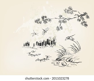 dragonfly riverside vector card japanese chinese nature ink illustration engraved sketch traditional