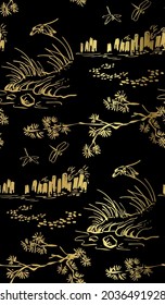 dragonfly riverside vector japanese chinese nature ink illustration engraved sketch traditional textured seamless pattern black