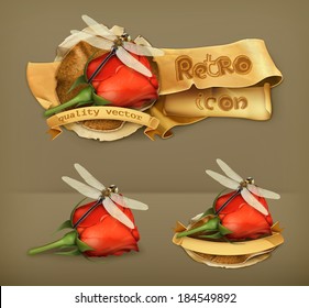 Dragonfly and rose, retro vector icon