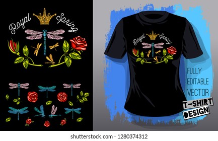 Dragonfly, roses, flowers, leaves golden embroidery queen crown textile fabrics t shirt design lettering gold wings insect luxury fashion embroidered style Hand drawn vector illustration