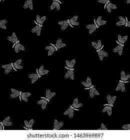 Dragonfly seamless hand outline. Pattern with dragonfly seamless hand outline isolated on black background