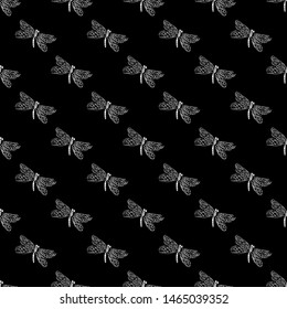 Dragonfly seamless hand outline. Pattern with dragonfly seamless hand outline isolated on white background
