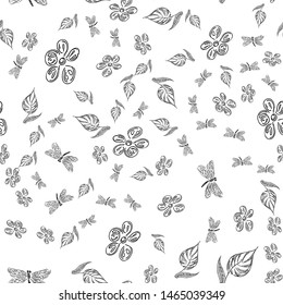 Dragonfly seamless hand-drawn pattern with flowers for wallpaper design. Retro abstract card with black dragonfly seamless hand flowers on white background. Vintage floral pattern