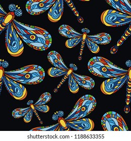 Dragonfly seamless pattern. Dragonfly background. Creative background with insect. Vector illustration. Wallpaper for textile and fabric. Fashion style. Colorful bright