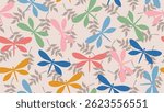 Dragonfly seamless pattern background. Dragonfly, leaves flowers illustration pattern. Dragonfly, leaves flowers background. Perfect for fabrics, textile, wallpaper, decor. SSTKbackgrounds