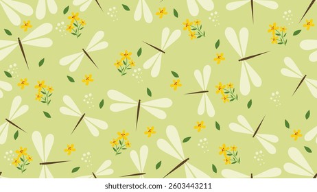 Dragonfly seamless pattern background. Dragonfly, leaves flowers illustration pattern. Dragonfly, leaves flowers background. Perfect for fabrics, textile, wallpaper, decor. SSTKbackgrounds