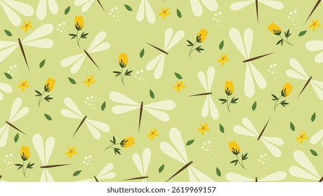 Dragonfly fundo padrão sem emenda. Libélula, folhas flores padrão de ilustração. Libélula, folhas flores fundo. Perfeito para tecidos, têxteis, papel de parede, decoração. PlanosDeFundoSSTK