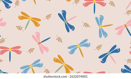 Dragonfly fundo padrão sem emenda. Libélula, folhas flores padrão de ilustração. Libélula, folhas flores fundo. Perfeito para tecidos, têxteis, papel de parede, decoração. PlanosDeFundoSSTK