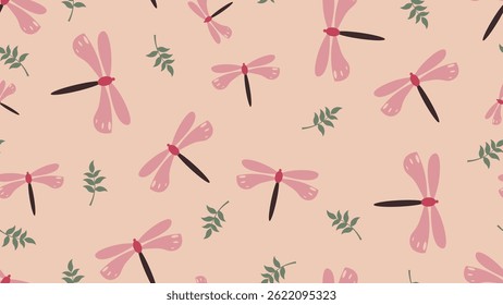 Dragonfly fundo padrão sem emenda. Libélula, folhas flores padrão de ilustração. Libélula, folhas flores fundo. Perfeito para tecidos, têxteis, papel de parede, decoração. PlanosDeFundoSSTK