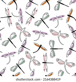 Dragonfly seamless pattern. Cute doodle hand drawn insects in trendy pastel colors. Sweet funny scandinavian dragonflies for kids textile. Delicate and trendy design.